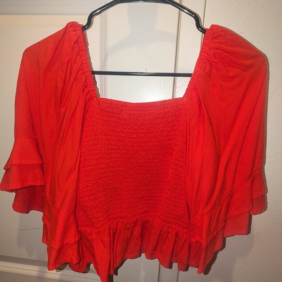 Red Smocked Crop Top Puff Sleeve Coquette Romantic Cottagecore Ruffle Blouse - Picture 2 of 3